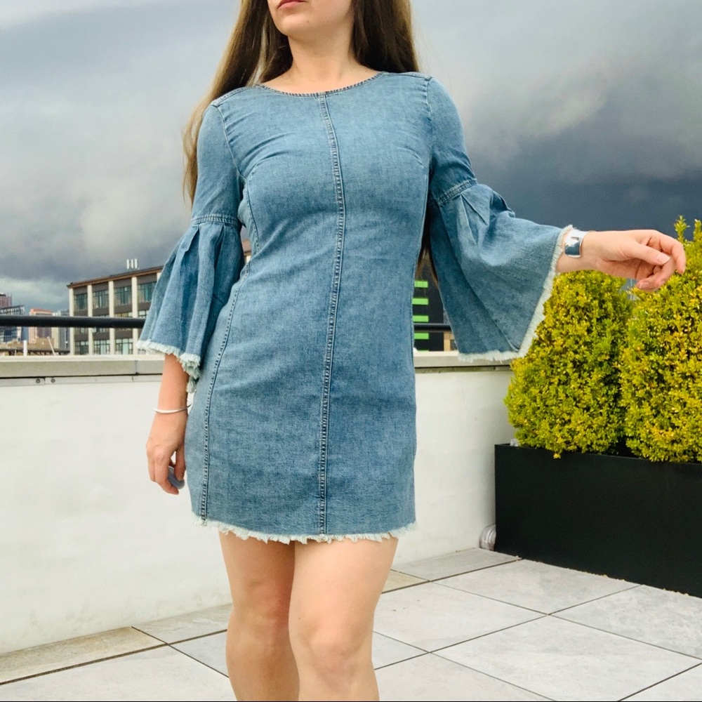 Free People Denim Fringed Raw Hem Flare Backless Dress - Picture 2 of 16